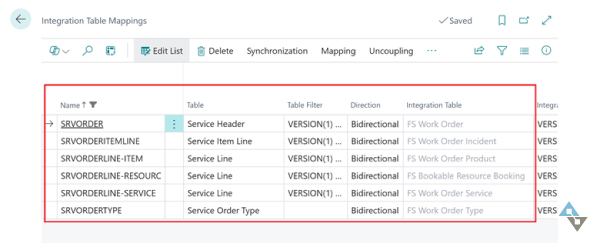 Business Central 2025 Wave 1 Release: Integration table mappings for service order types, service documents, service lines, and service item lines.