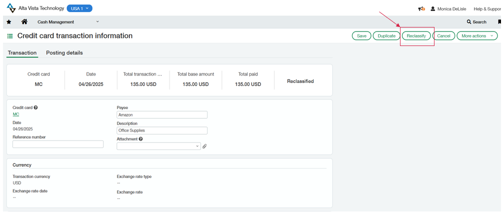 Sage Intacct 2025 Release 2 Highlights: Reclassify the GL account for credit card transactions