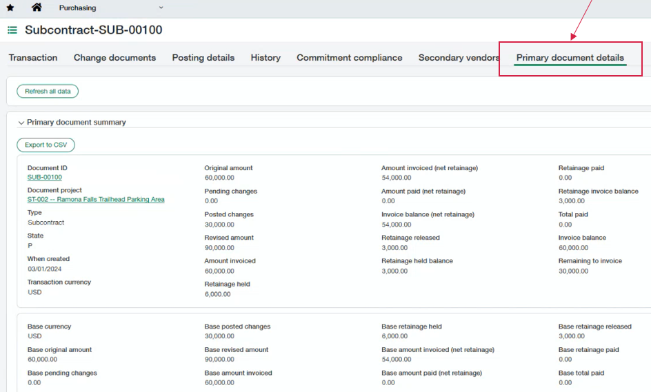 Sage Intacct Construction 2025 Release 2: Primary document details tab in Purchasing