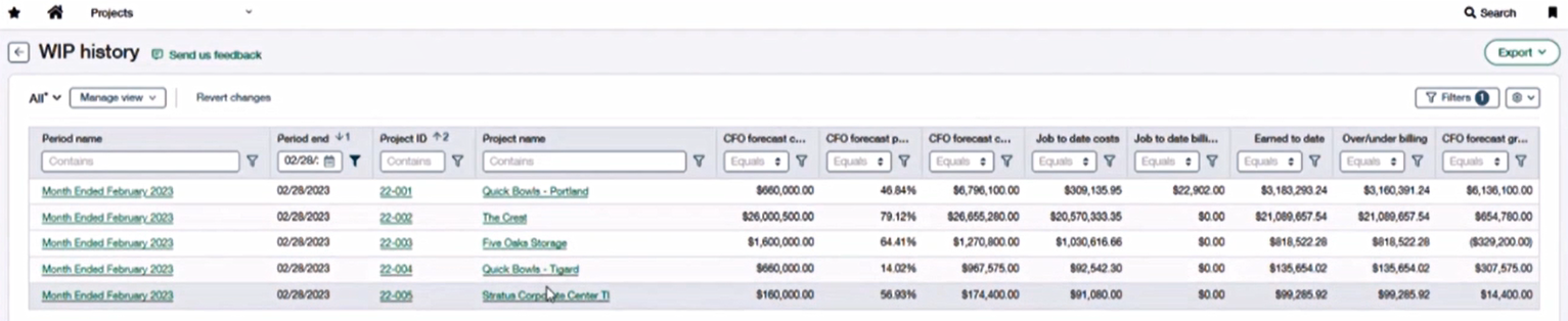Sage Intacct Construction 2025 Release 2: Customized view of historical data for projects in WIP history
